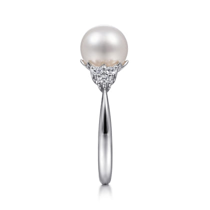14K White Gold Cultured Pearl and Diamond Cluster Ring
