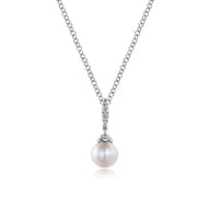 14K White Gold Cultured Pearl and Diamond Drop Pendant Necklace