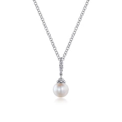 14K White Gold Cultured Pearl and Diamond Drop Pendant Necklace
