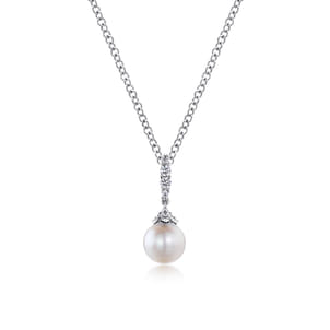 14K White Gold Cultured Pearl and Diamond Drop Pendant Necklace