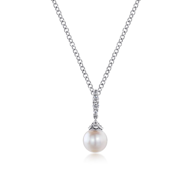 14K White Gold Cultured Pearl and Diamond Drop Pendant Necklace - 0.16 ct - Shot 1
