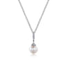 14K White Gold Cultured Pearl and Diamond Drop Pendant Necklace - 0.16 ct
