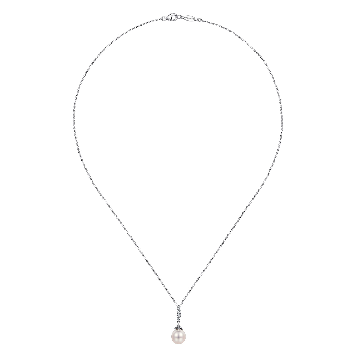 14K White Gold Cultured Pearl and Diamond Drop Pendant Necklace - 0.16 ct - Shot 2
