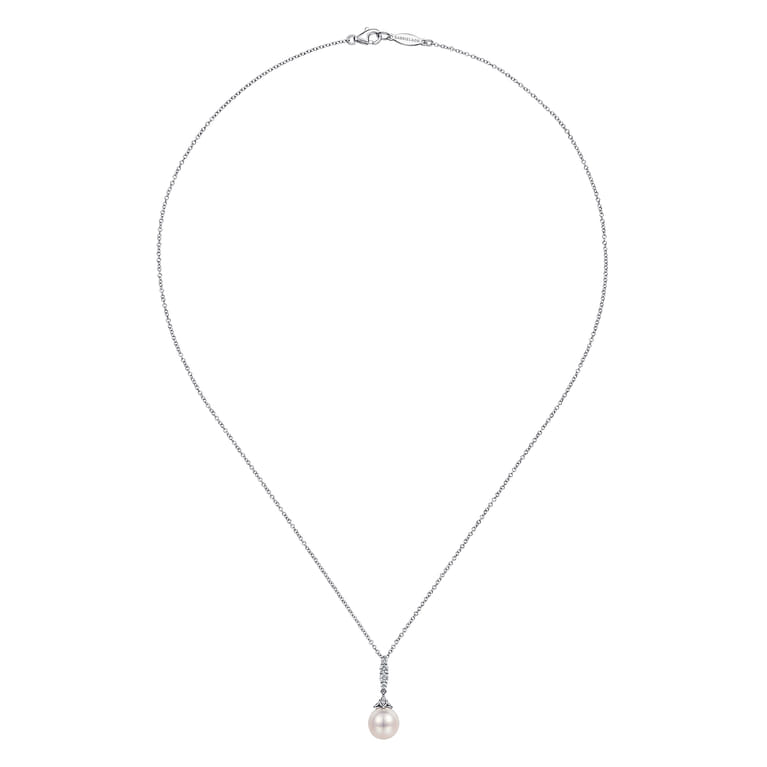 14K White Gold Cultured Pearl and Diamond Drop Pendant Necklace - 0.16 ct - Shot 2
