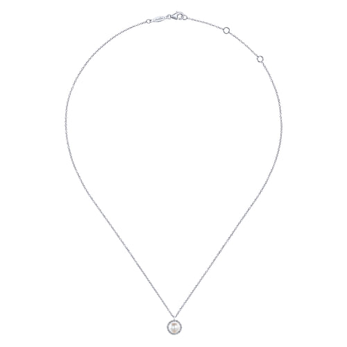 14K White Gold Cultured Pearl and Diamond Halo Pendant Necklace - 0.12 ct - Shot 2