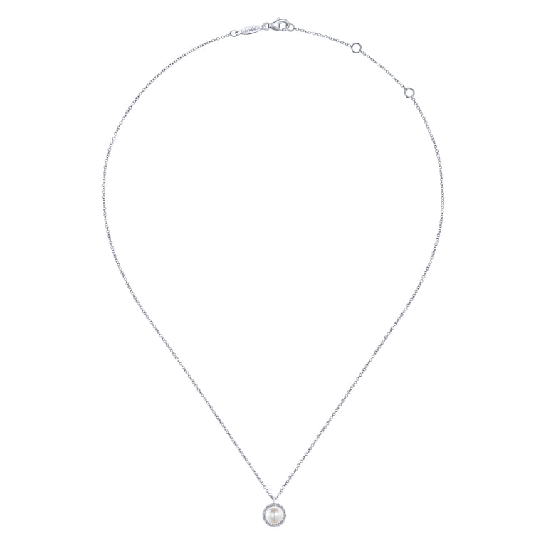 14K White Gold Cultured Pearl and Diamond Halo Pendant Necklace - 0.12 ct - Shot 2