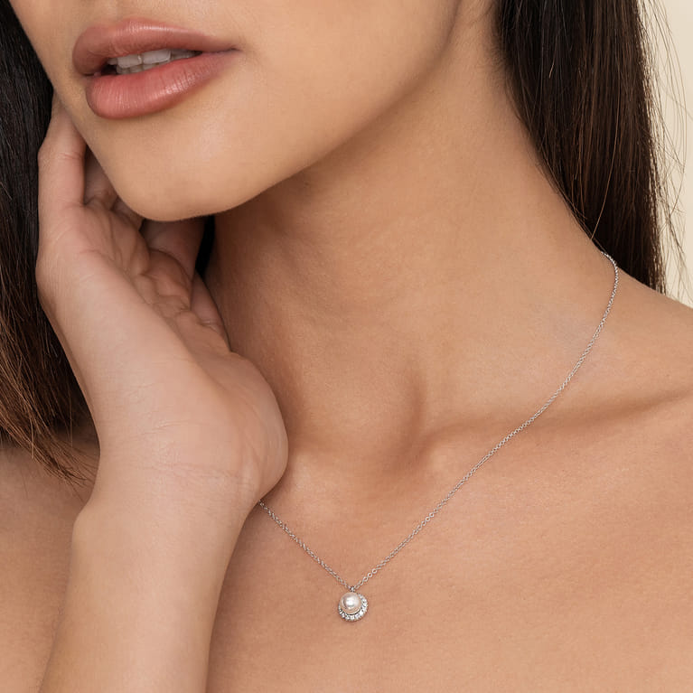 14K White Gold Cultured Pearl and Diamond Halo Pendant Necklace - 0.12 ct - Shot 3