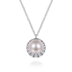 14K White Gold Cultured Pearl and Diamond Halo Pendant Necklace
