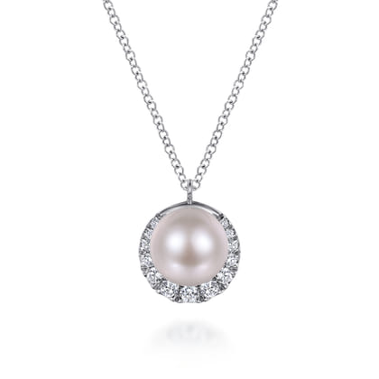 14K White Gold Cultured Pearl and Diamond Halo Pendant Necklace