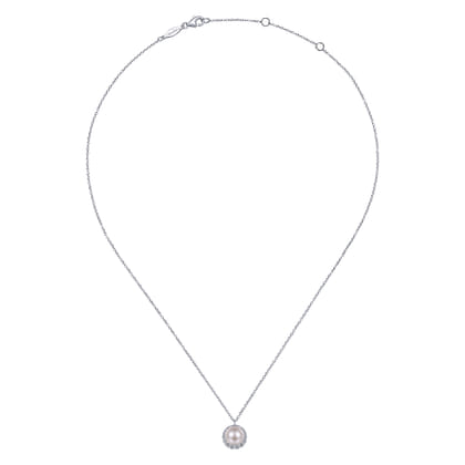 14K White Gold Cultured Pearl and Diamond Halo Pendant Necklace