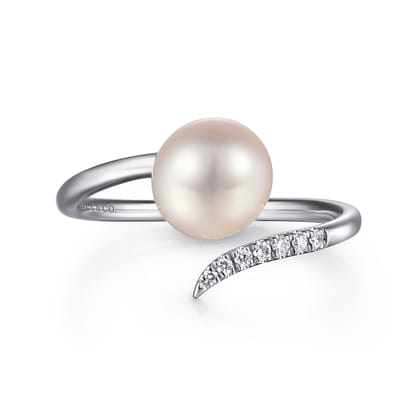 14K White Gold Cultured Pearl and Diamond Open Wrap Ring