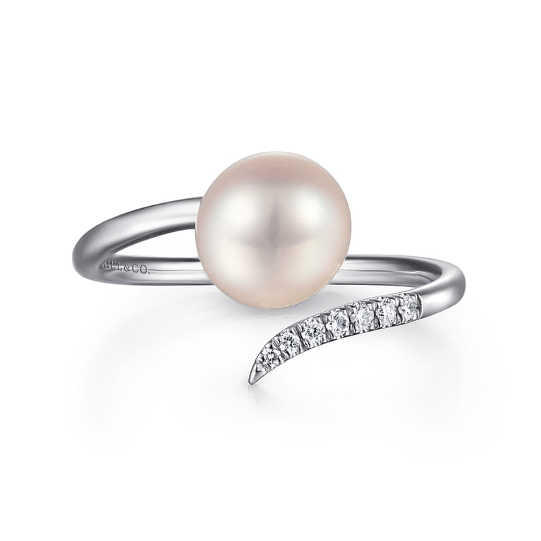 14K White Gold Cultured Pearl and Diamond Open Wrap Ring - 0.05 ct - Shot 1