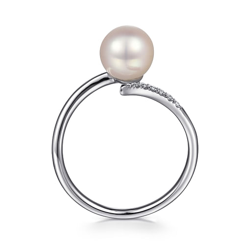 14K White Gold Cultured Pearl and Diamond Open Wrap Ring - 0.05 ct - Shot 2