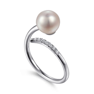 14K White Gold Cultured Pearl and Diamond Open Wrap Ring