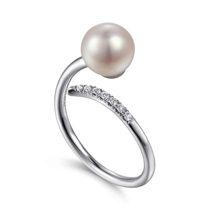 14K White Gold Cultured Pearl and Diamond Open Wrap Ring