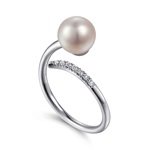 14K White Gold Cultured Pearl and Diamond Open Wrap Ring - 0.05 ct - Shot 3