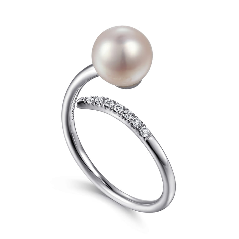 14K White Gold Cultured Pearl and Diamond Open Wrap Ring - 0.05 ct - Shot 3