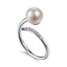 14K White Gold Cultured Pearl and Diamond Open Wrap Ring - 0.05 ct