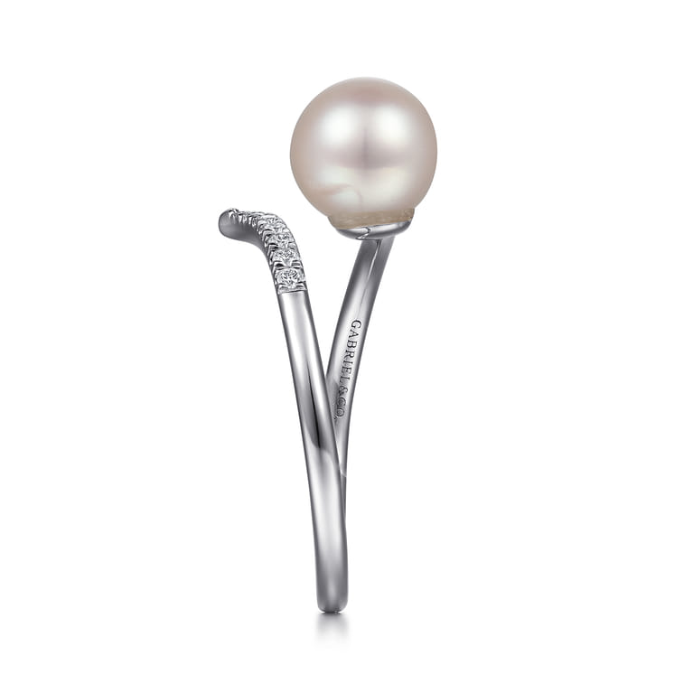14K White Gold Cultured Pearl and Diamond Open Wrap Ring - 0.05 ct - Shot 4