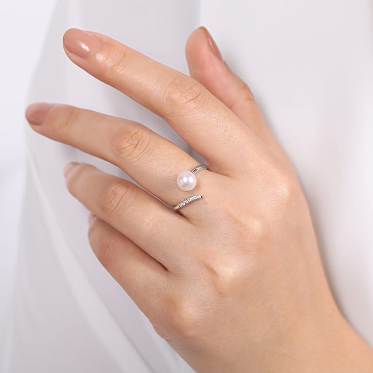 14K White Gold Cultured Pearl and Diamond Open Wrap Ring - 0.05 ct - Shot 5