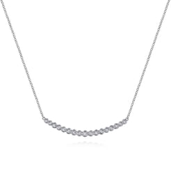 14K White Gold Curved Bar Necklace with Bezel Set Round Diamonds