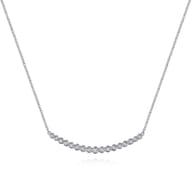 14K White Gold Curved Bar Necklace with Bezel Set Round Diamonds