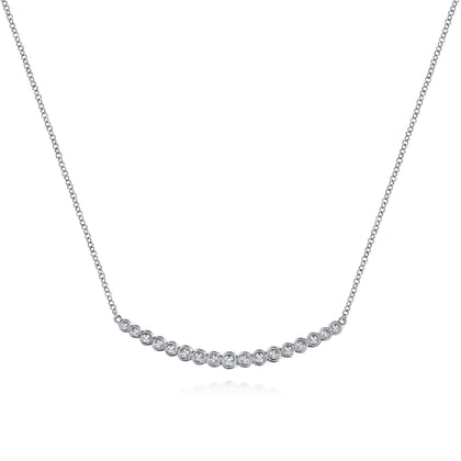 14K White Gold Curved Bar Necklace with Bezel Set Round Diamonds