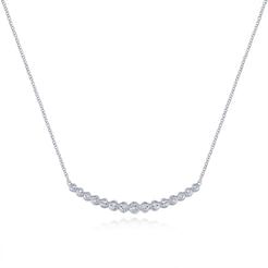 14K White Gold Curved Bar Necklace with Bezel Set Round Diamonds