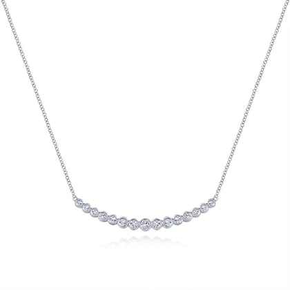 14K White Gold Curved Bar Necklace with Bezel Set Round Diamonds
