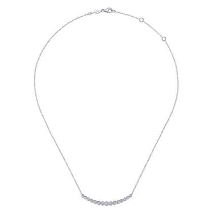 14K White Gold Curved Bar Necklace with Bezel Set Round Diamonds