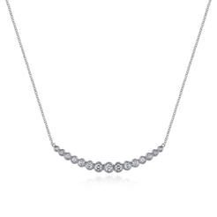 14K White Gold Curved Bar Necklace with Bezel Set Round Diamonds
