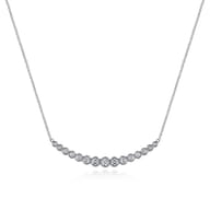 14K White Gold Curved Bar Necklace with Bezel Set Round Diamonds