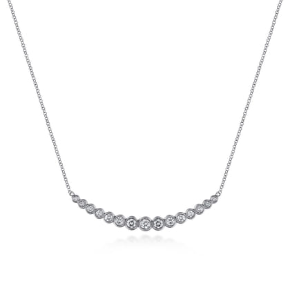 14K White Gold Curved Bar Necklace with Bezel Set Round Diamonds