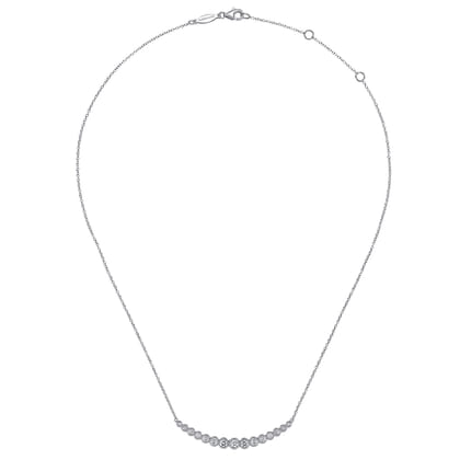 14K White Gold Curved Bar Necklace with Bezel Set Round Diamonds
