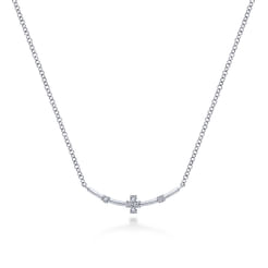 14K White Gold Curved Bar Necklace with Diamond Stations