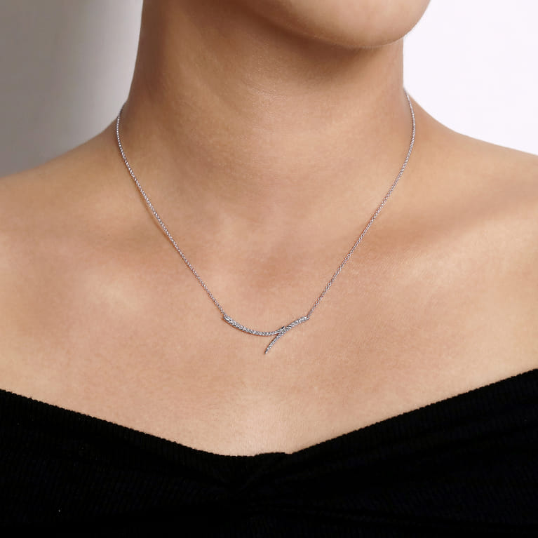 14K White Gold Curved Bypass Bar Necklace with Diamonds - 0.24 ct - Shot 3