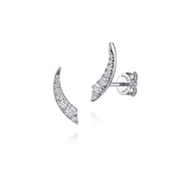 14K White Gold Curved Diamond Bar Stud Earrings