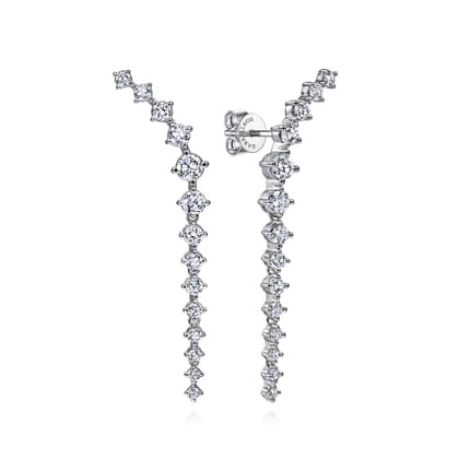 14K White Gold Curved Diamond Linear Stud Earrings