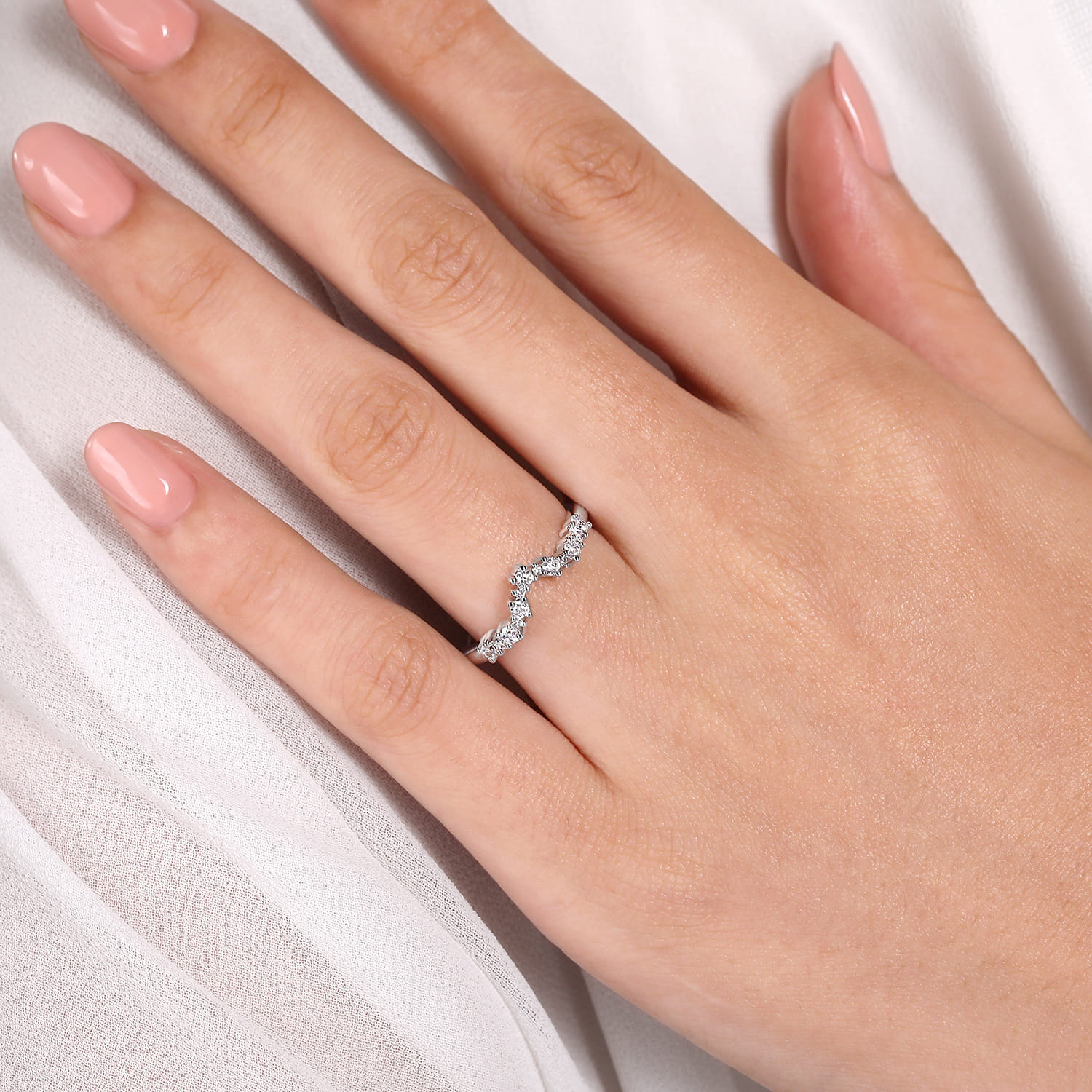 Curved Wedding Ring in 14k White Gold with Round Natural Diamond at Gabriel & Co. - Shot 5