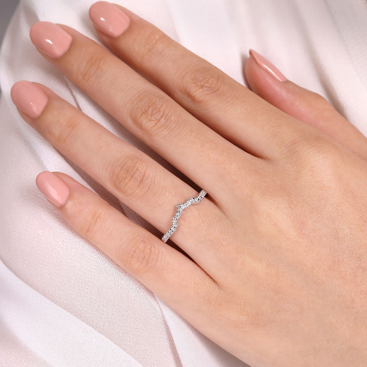 Curved Wedding Ring in 14k White Gold with Round Natural Diamond at Gabriel & Co. - Shot 5