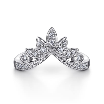 14K White Gold Curved Filigree Diamond Ring