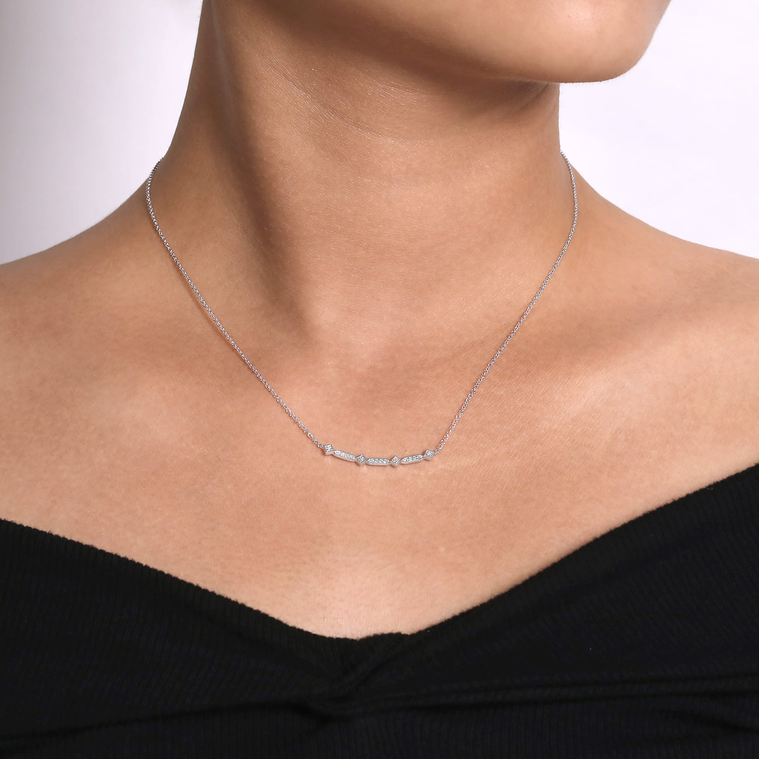 14K White Gold Curved Geometric Diamond Bar Necklace - 0.08 ct - Shot 3