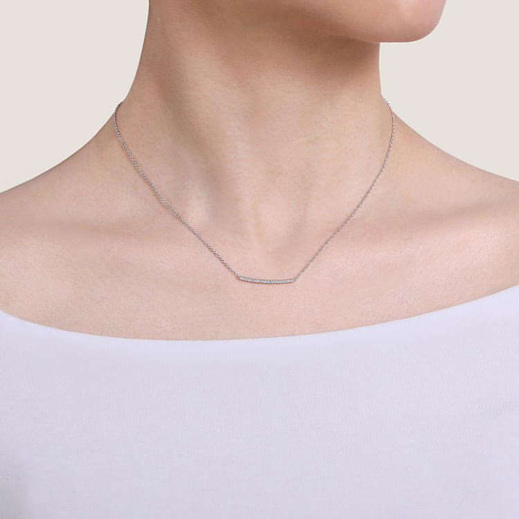 14K White Gold Curved Pave Diamond Bar Necklace