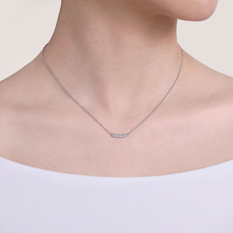 14K White Gold Curved Pave Diamond Bar Necklace