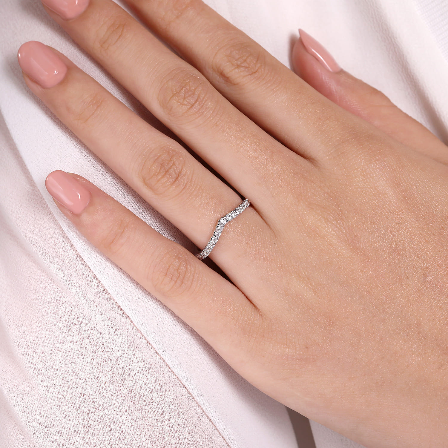 Curved Wedding Ring in 14k White Gold with Round Natural Diamond at Gabriel & Co. - Shot 5
