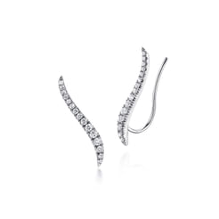 14K White Gold Curving Bar Ear Crawler Diamond Earrings