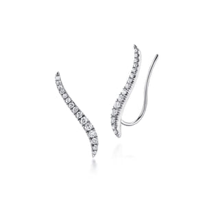 14K White Gold Curving Bar Ear Crawler Diamond Earrings