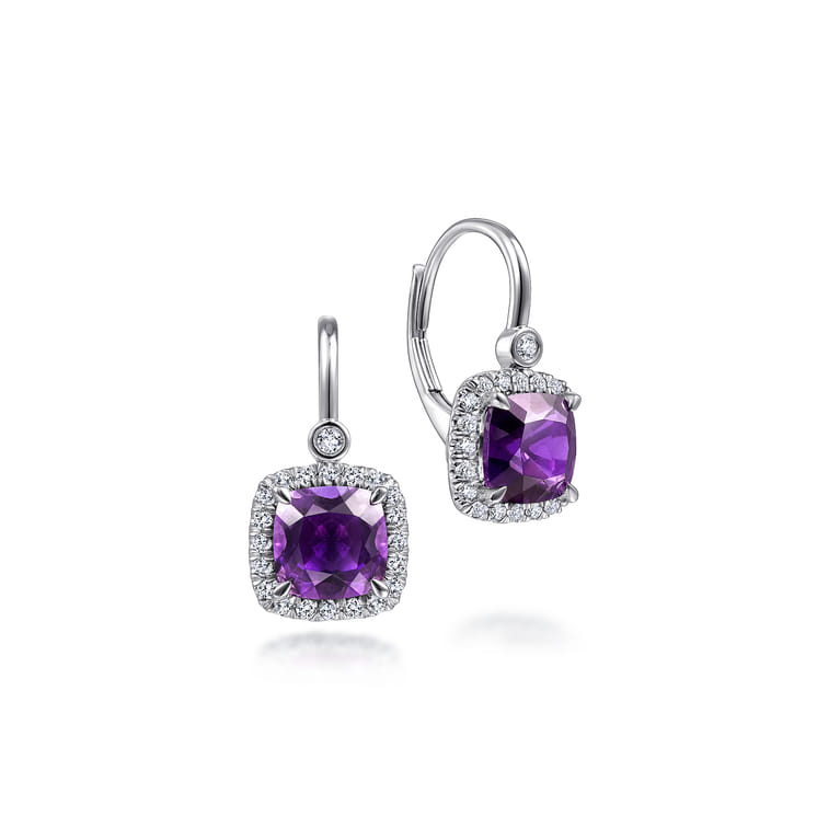 14K White Gold Cushion Cut Amethyst and Diamond Halo Drop Earrings - 0.25 ct - Shot 1