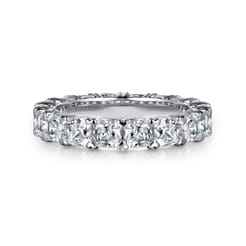 14K White Gold Cushion Cut Diamond Eternity Band with Heart Prongs