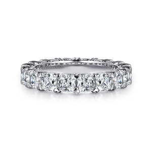 14K White Gold Cushion Cut Diamond Eternity Band with Heart Prongs
